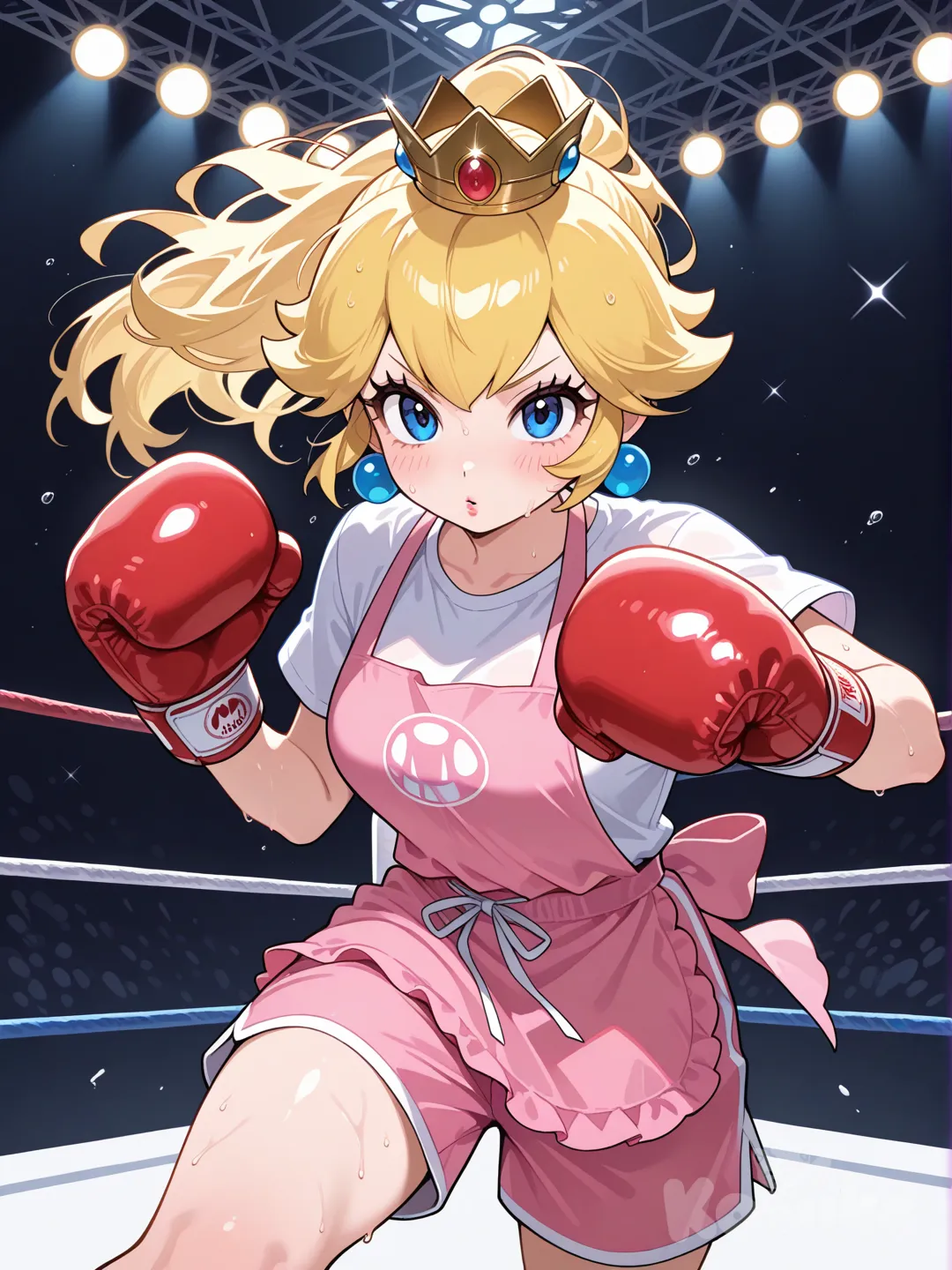 princess peach, new super mario bros. u deluxe, boxing gloves, boxing ring, mushroom kingdom, t-shirt, beach shorts, apron