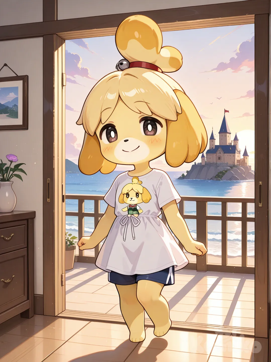 Isabelle, animal crossing, t-shirt, beach shorts, evening dress, full body, castle, bedroom.