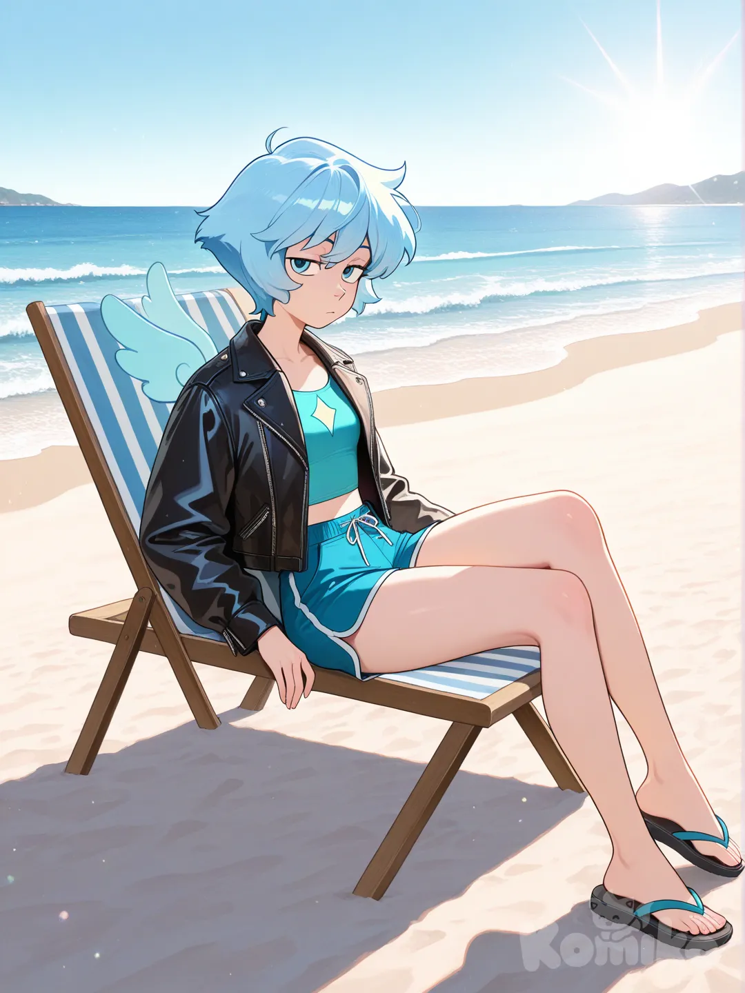Aquamarine, steven universe, leather jacket, beach shorts, flip-flops, beach, beach chair