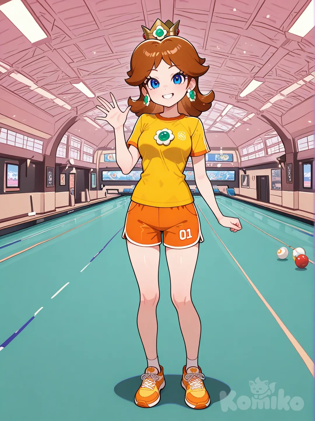 Princess_daisy, new super mario bros. u deluxe, bowling, bowling alley, waving, full body, sport shirt, sport short