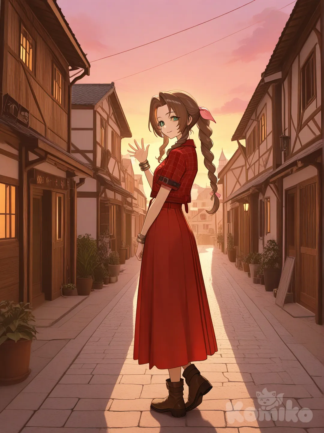 @Aerith_Gainsborough, house, village, waving, looking back, plaid shirt, pleated skirt, evening dress, plastic, headband, full body, rim light, cityscape