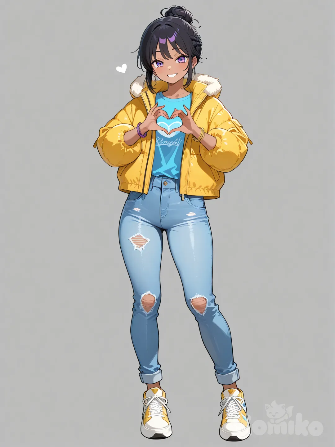 @Zoey, heart hands, t-shirt, jeans, down jacket, full body, stage