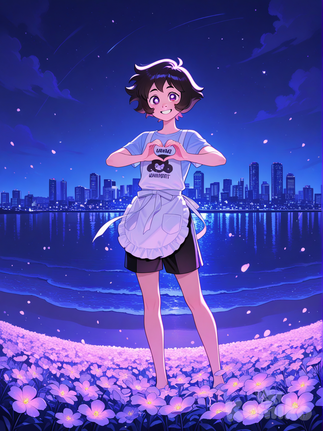 Garnet, steven universe, heart hands, t-shirt, beach shorts, apron, full body, city lights, flower field