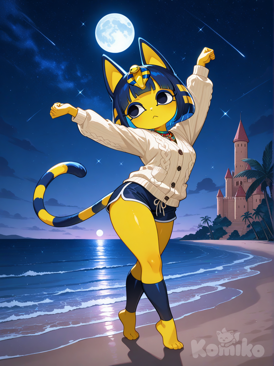 @Ankha_(Animal_Crossing), tall, ancient egyptian, dancing, knitted cardigan, beach shorts, full body, night, castle