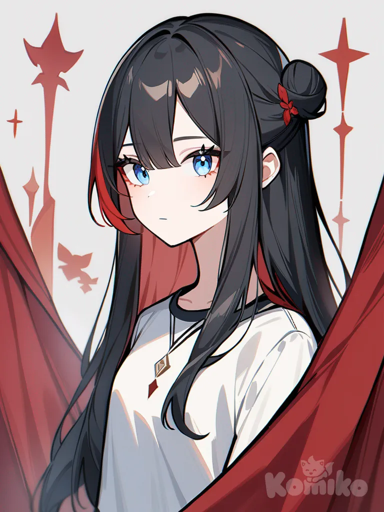1girl, genshin_impact, original_character, teenager, slim, scrawny, tall, half_up_half_down_bun, red_curtain_bangs, black_strand_down_face, white_strand_down_face, black_hair_out_of_bun, red_hair_in_bun, blue_eyes, short_hair, freckles, scar, pale_skin, t-shirt, leather_jacket, cargo_pants, black_earring, two_blue_cuff_earrings_in_one_ear, single character, full body, looking at viewer, anime style, simple background, white background