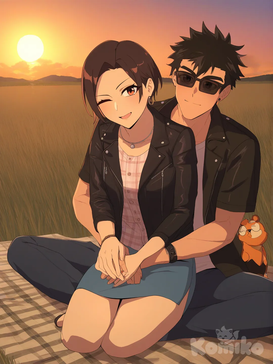 1boy, 1girl, 2people, [bright-anime-style], sitting on lap, picnic, one eye closed, smile, plaid shirt, leather jacket, t-shirt, casual pants, pencil skirt, ruffles, earrings, necklace, sun, sunglasses, full body, twilight, field