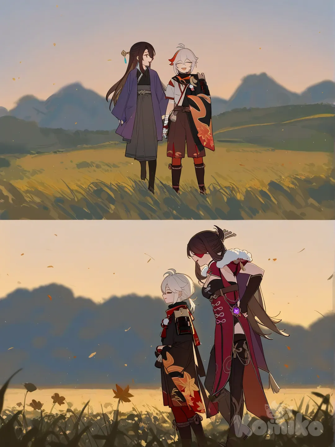 1boy, 1girl, 2people, Kaedehara Kazuha, Beidou (Genshin Impact), [lacquered-illustration-style], gathering together, laughing, smile, full body, blurred background, side profile photo, twilight, top light, blue sky, field, forest