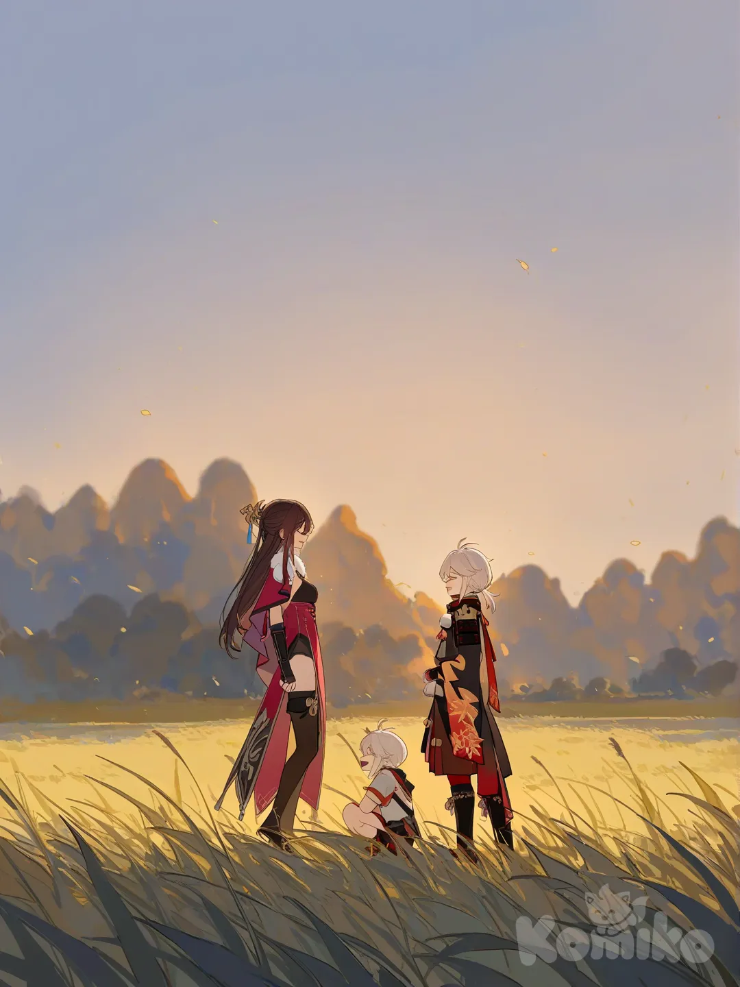 1boy, 1girl, 2people, Kaedehara Kazuha, Beidou (Genshin Impact), [lacquered-illustration-style], gathering together, laughing, smile, full body, blurred background, side profile photo, twilight, top light, blue sky, field, forest
