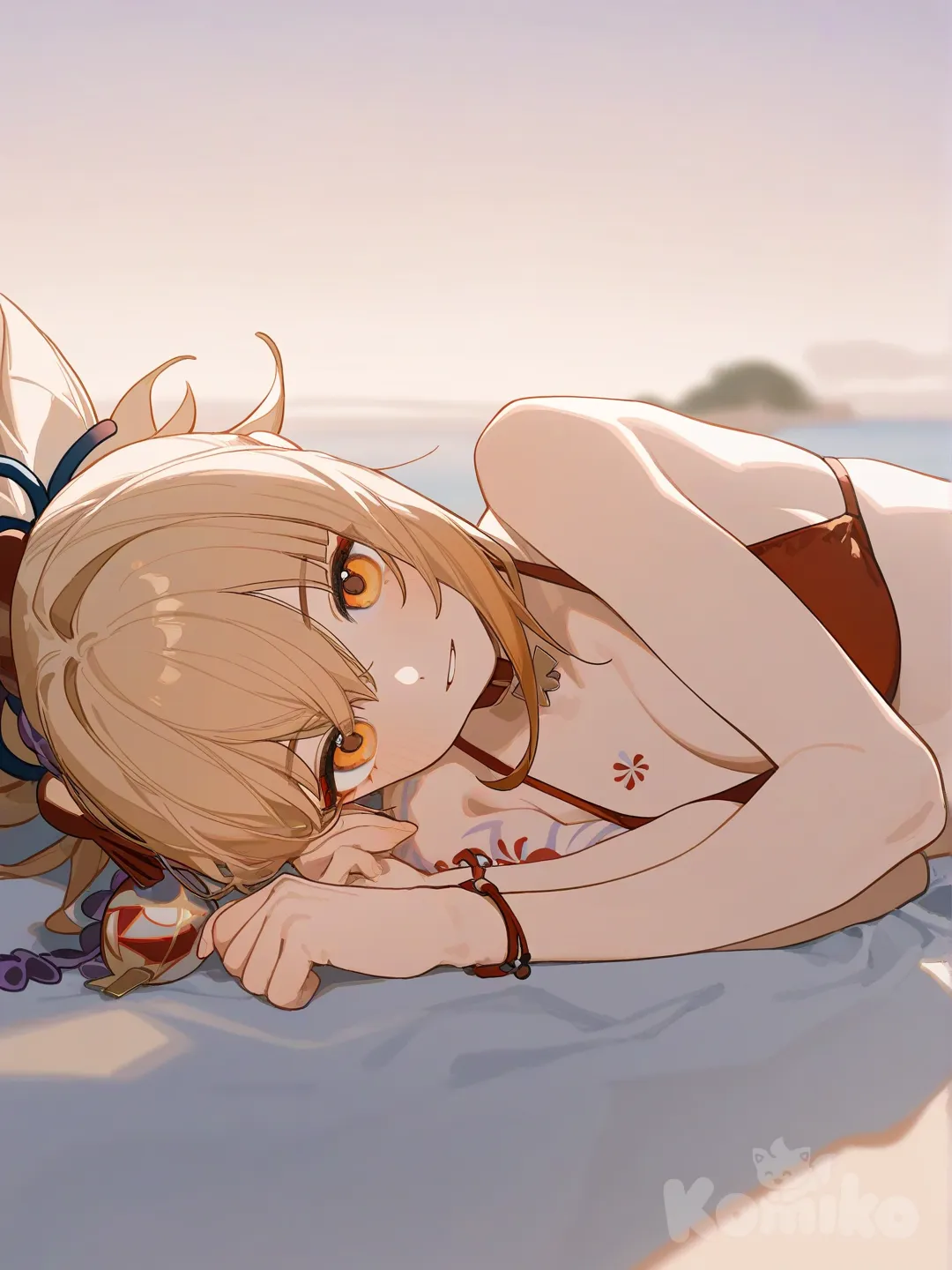 1girl, Yoimiya (Genshin Impact), [lacquered-illustration-style], lie on stomach, head tilt, red bikini, closeup, blurred background, beach