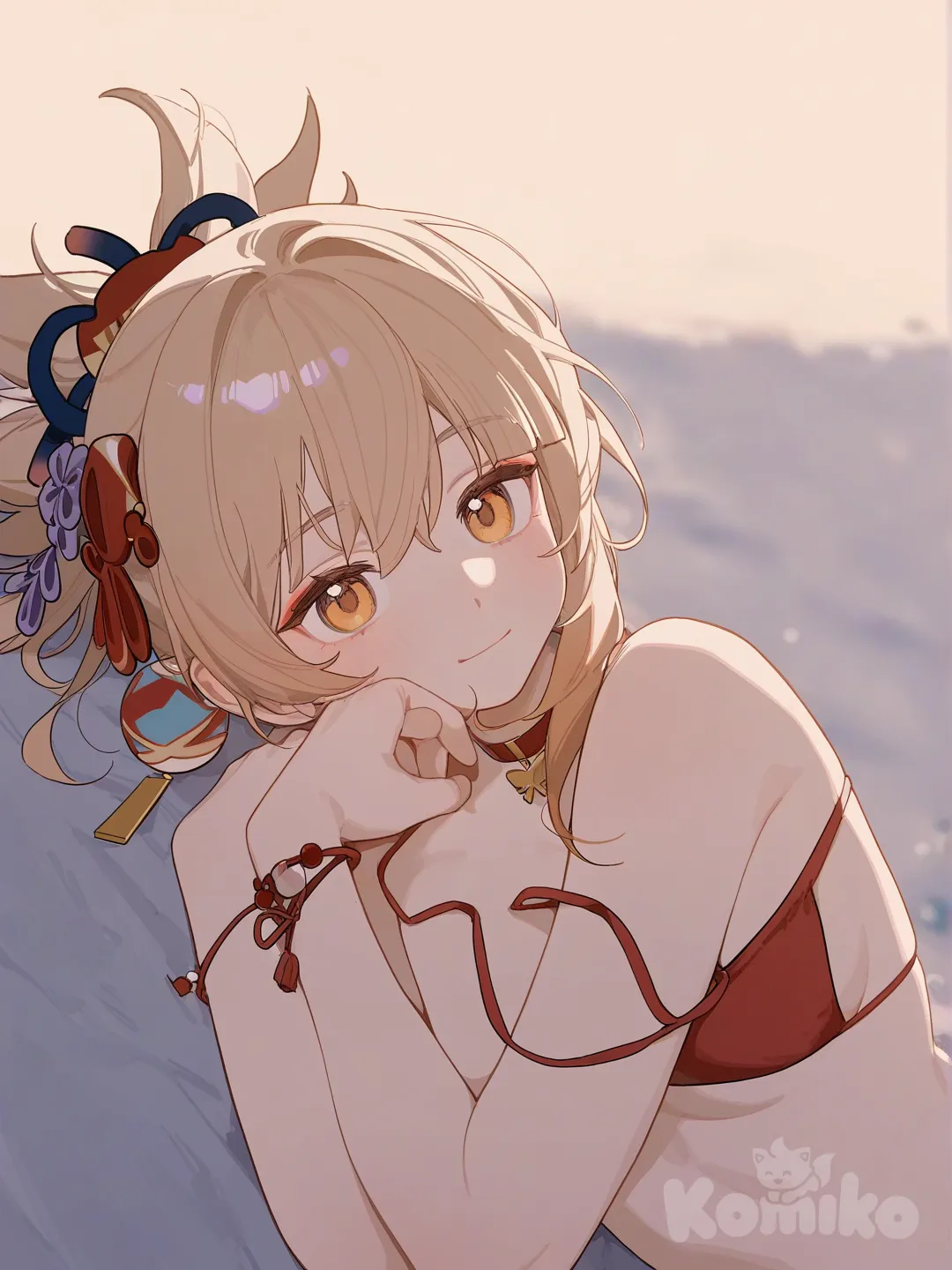 1girl, Yoimiya (Genshin Impact), [lacquered-illustration-style], lie on stomach, head tilt, red bikini, closeup, blurred background, beach