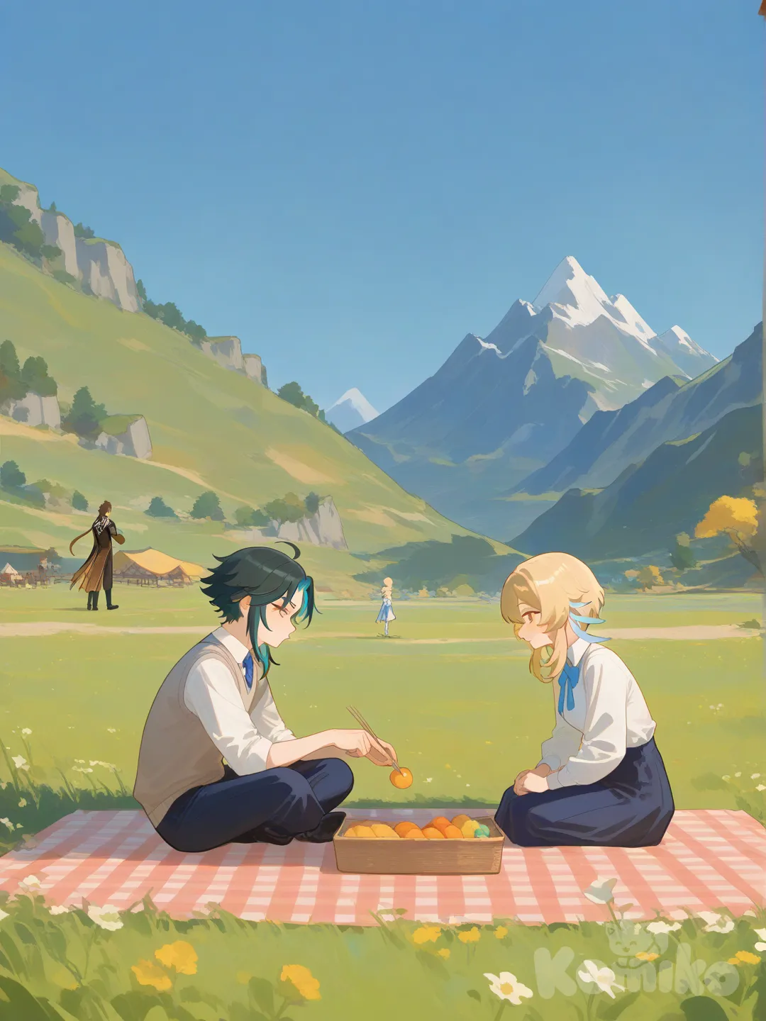 Xiao and Lumine having a picnic