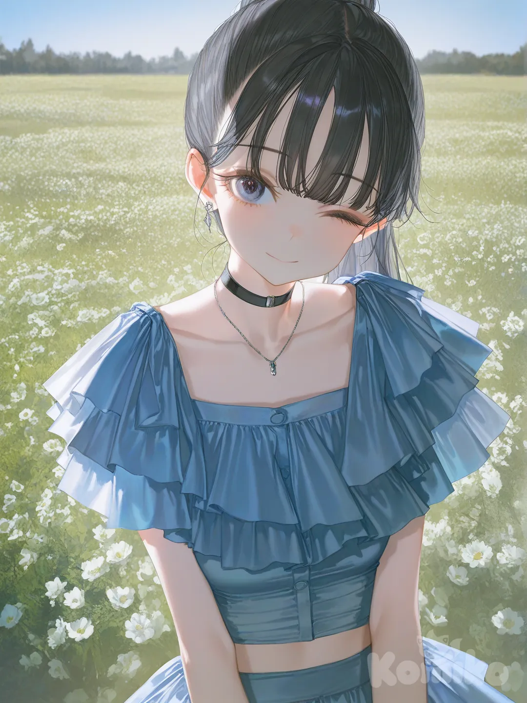 1girl, [soft-light-illustration-style], head tilt, smile, blush, one eye closed, crop top, miniskirt, ruffles, hair accessory, choker, necklace, earrings, high ponytail, straight bangs, navy blue, charcoal black, upper body, looking at viewer, front profile photo, backlight, blue sky, flower field, garden