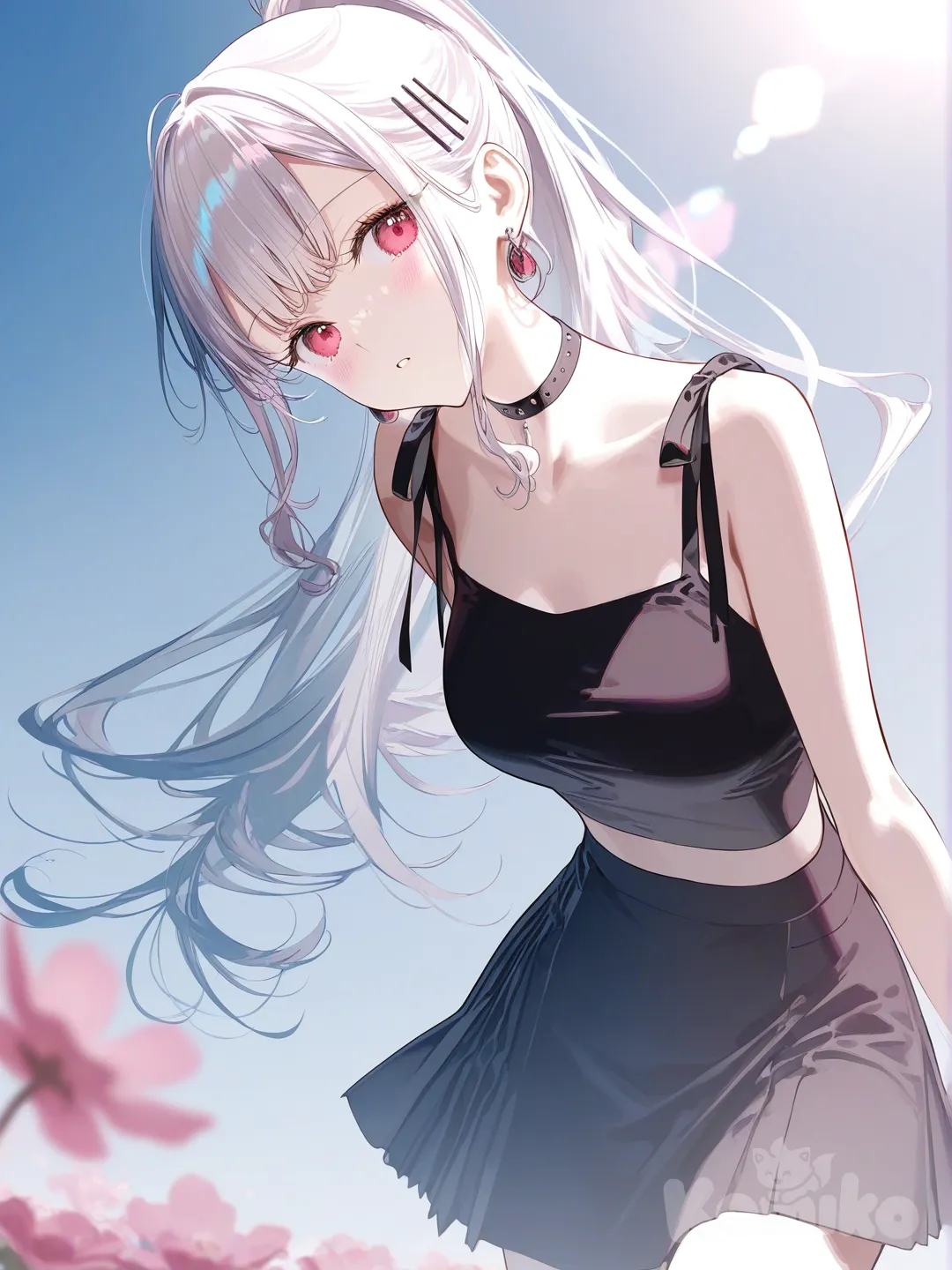 1girl, [iridescent-style], head tilt, bending forward, blush, crop top, short skirt, ruffles, hairpin, choker, earrings, high ponytail, straight bangs, navy blue, charcoal black, upper body, looking at viewer, backlight, blue sky, field, garden, flower field
