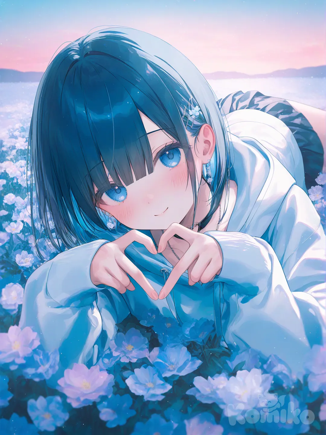 1girl, [soft-pastel-style], heart hands, head tilt, lie on stomache, smile, blush, oversized hoodie, miniskirt, ruffles, hair accessory, choker, necklace, straight bangs, navy blue, closeup, front profile photo, full body, looking at viewer, backlight, twilight, flower field