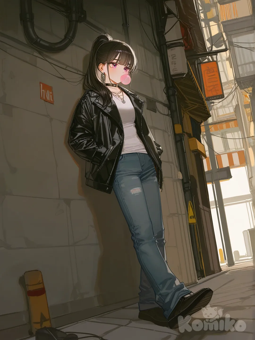 1girl, hands in pockets, [lacquered-illustration-style], leaning against wall, looking at phone, expressionless, chewing gum, t-shirt, leather jacket, jeans, hair accessory, earrings, necklace, choker, high ponytail, straight bangs, charcoal black, full body, from below, top light, alley, looking at phone