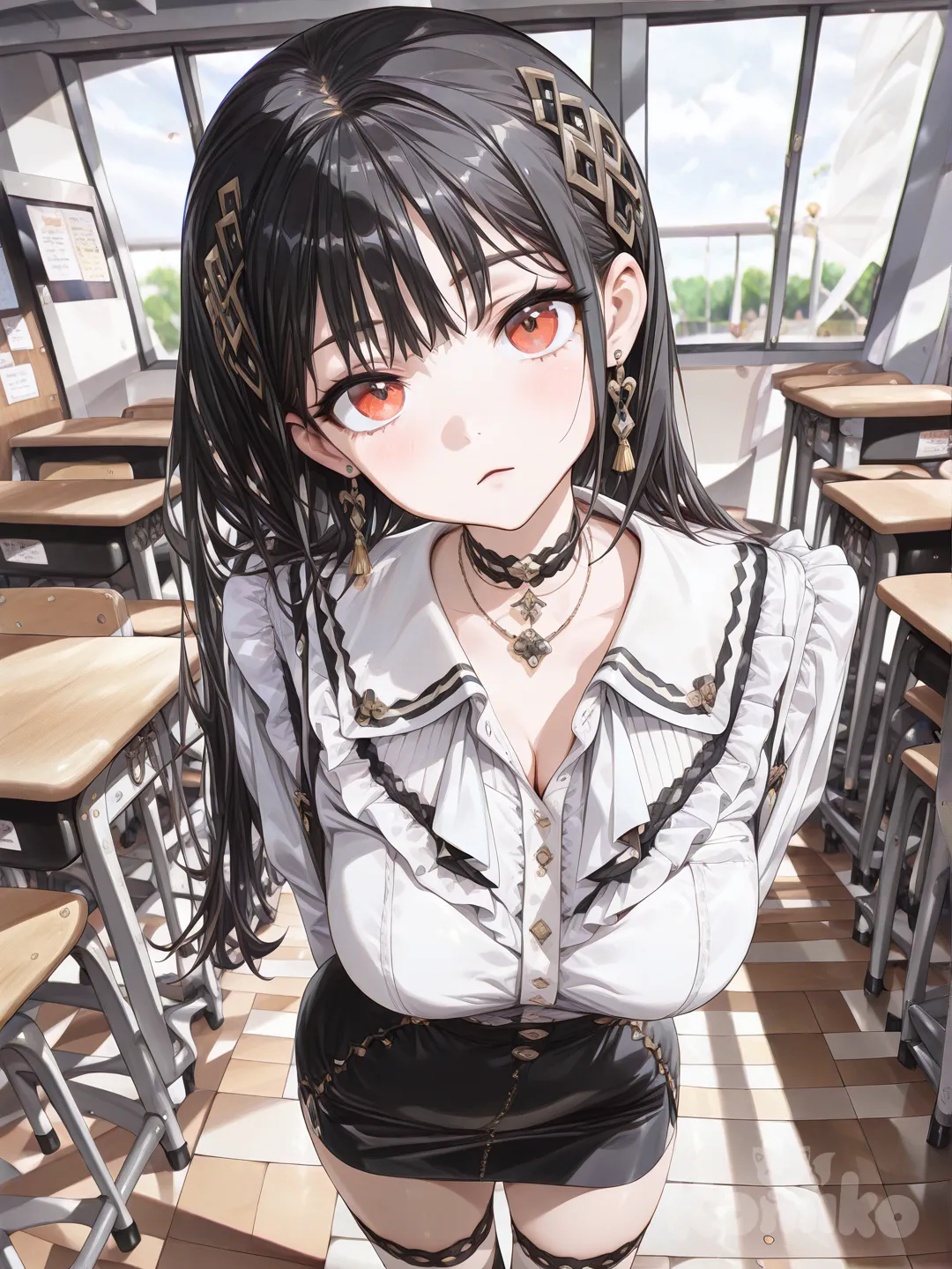 1girl, [high-gloss-illustration-style], head tilt, hands behind back, confused, big boobs, tight button down shirt, miniskirt, ruffles, tassels, hair accessory, necklace, earrings, choker, knee-high socks, jewelry, straight bangs, charcoal black, from above, looking at viewer, blurred background, front profile photo, closeup, upper body, top light, day, classroom