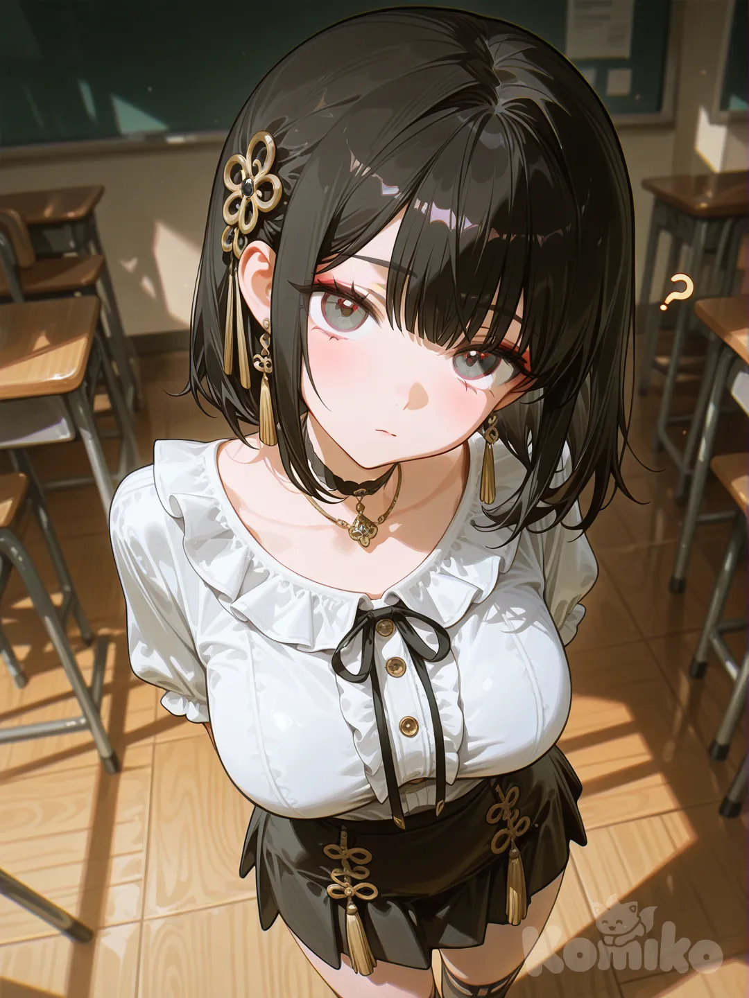 1girl, [high-gloss-illustration-style], head tilt, hands behind back, confused, big boobs, tight button down shirt, miniskirt, ruffles, tassels, hair accessory, necklace, earrings, choker, knee-high socks, jewelry, straight bangs, charcoal black, from above, looking at viewer, blurred background, front profile photo, closeup, upper body, top light, day, classroom