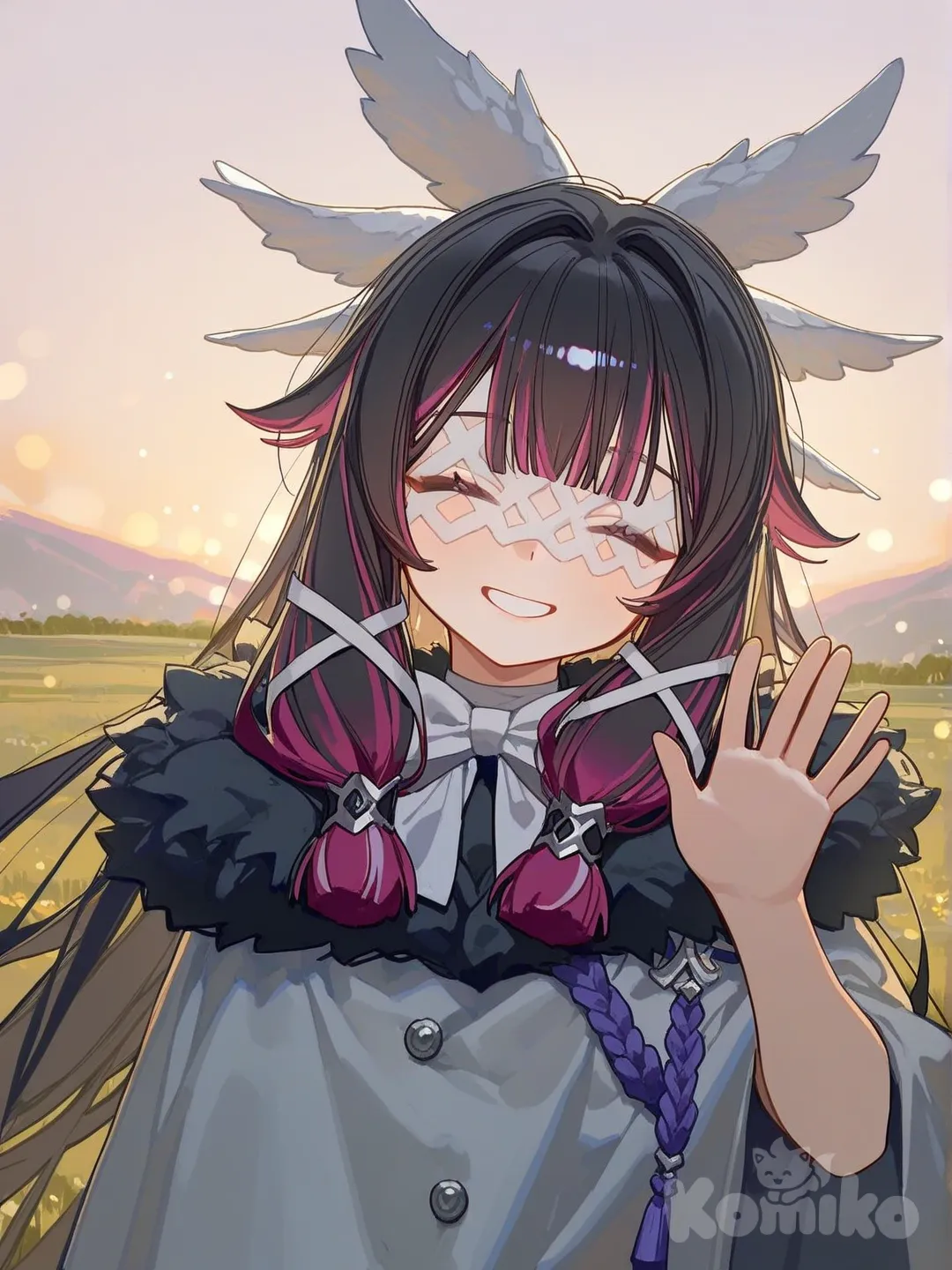 @Columbina_(Genshin_Impact), [lacquered-illustration-style], waving, head tilt, eyes closed, smile, upper body, looking at viewer, blurred background, front profile photo, top light, twilight, field, grassland