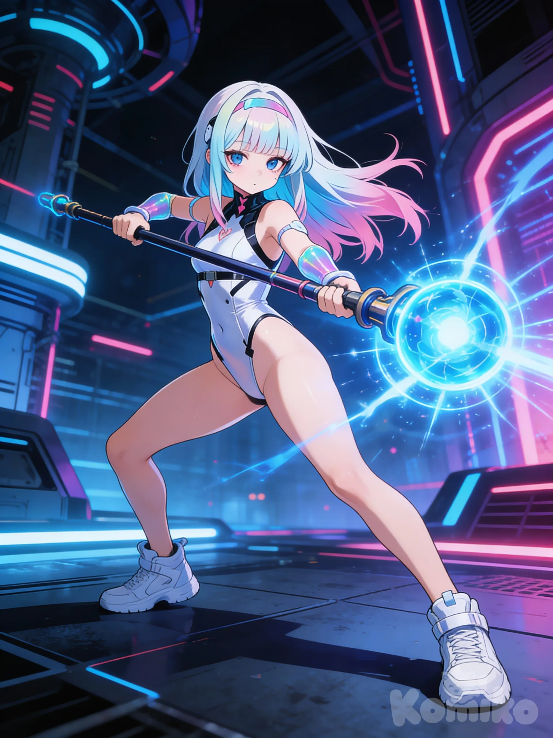 @sharon-yUN7 posición de batalla con un cetro con un orbe azul fondo futurista