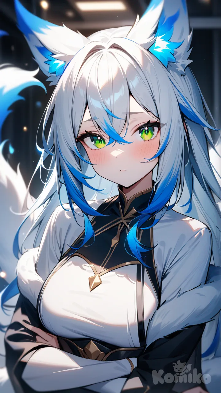 1 girl, fox girl, white fur, tells in with blue tips, ears blue tips, blue flame arua, Teen, green sparkly eyes, medium size breast