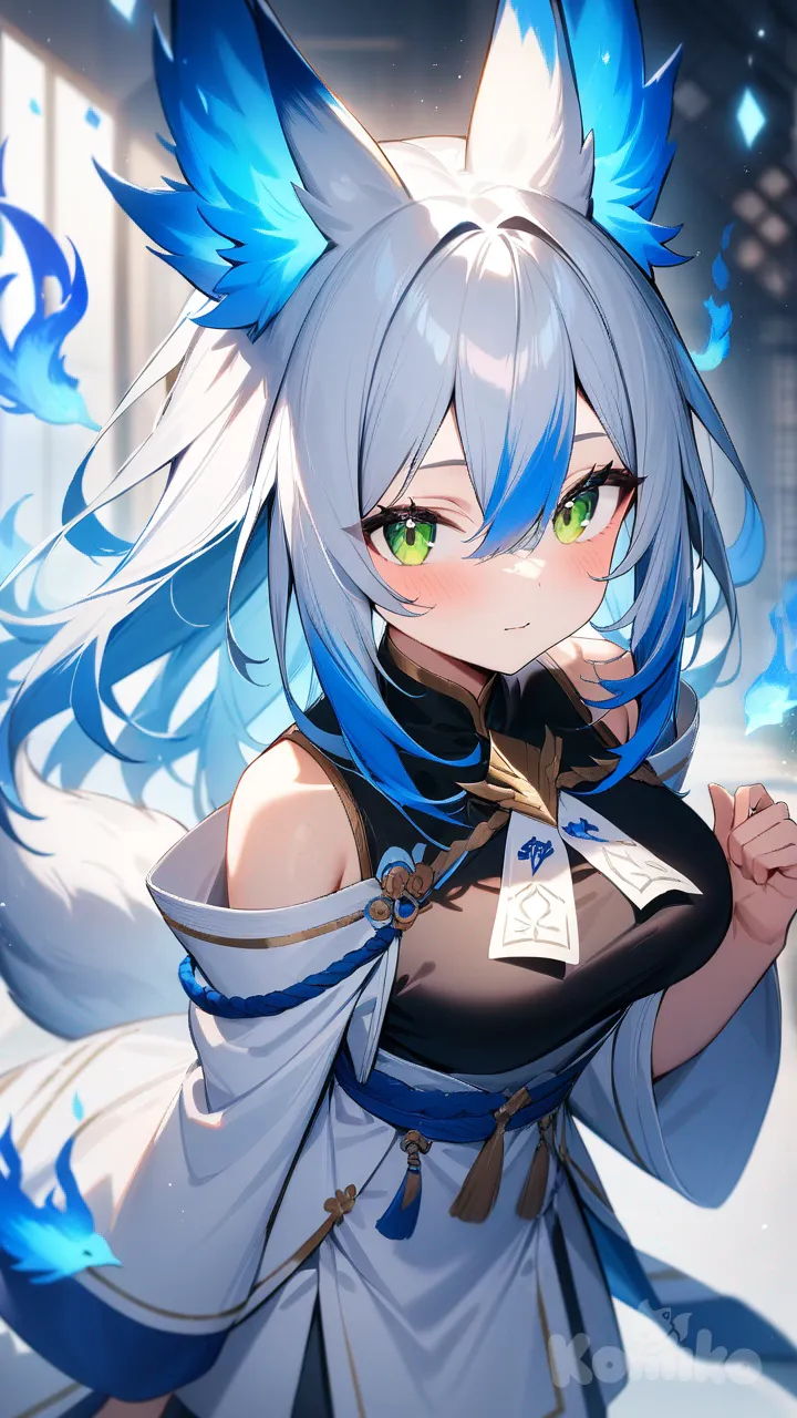 1 girl, fox girl, white fur, tells in with blue tips, ears blue tips, blue flame arua, Teen, green sparkly eyes, medium size breast, using paper talisman with blue flame birds