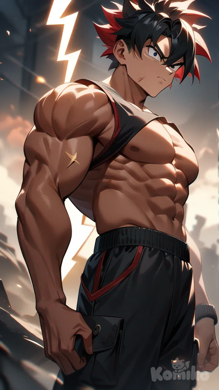 1boy, black hair, Red hair tips,messy hair, two bangs in between eyes, light tan muscle body ripped, 5 ft and 8 in tall, Left eye blue, right eye gold, using a white lightning bolt, in a red black trim Long jacket, black cargo pants and a white tank top, teenager, DBZ type