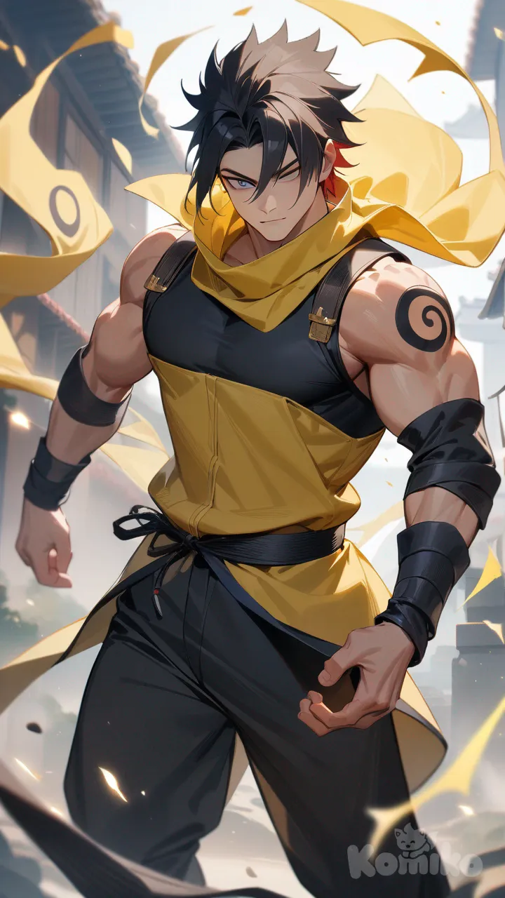 1boy, black hair with red highlights and ends, left eye gold, right eye blue, teenager, in black and yellow ninja outfit, medium muscle built, Naruto Shippuden, with black piup