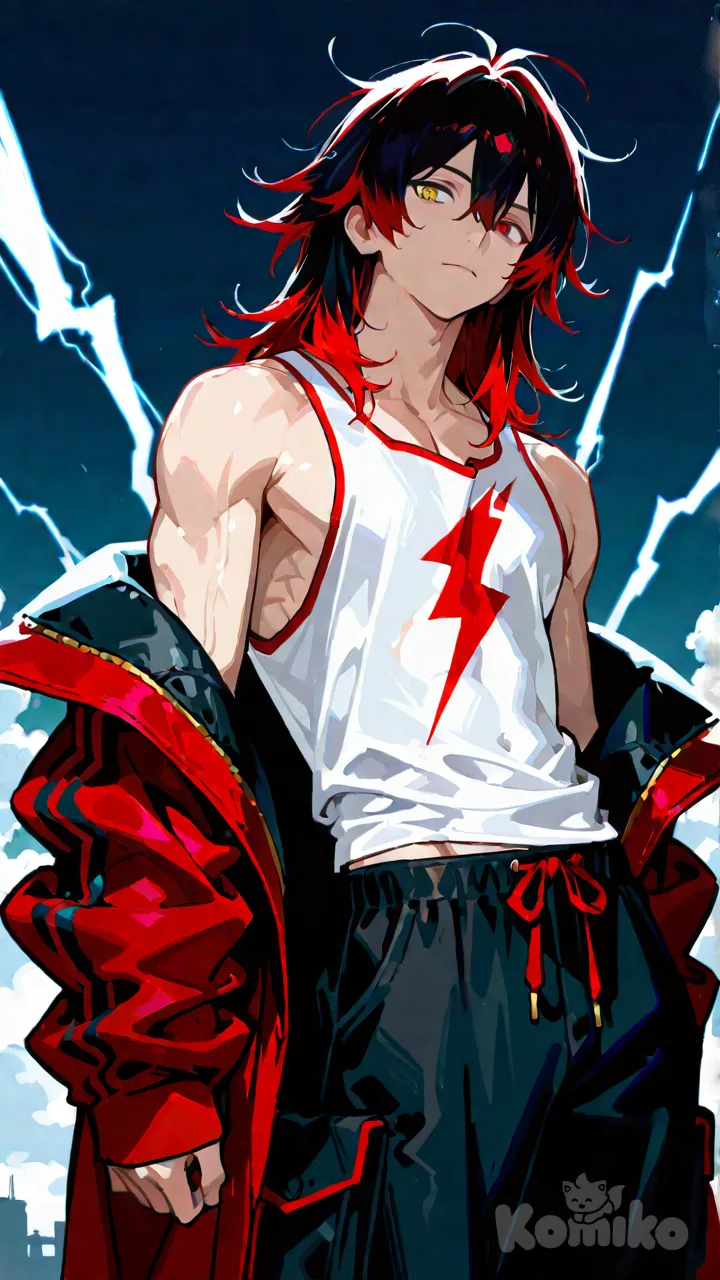 1boy, black hair, Red hair tips,messy hair, two bangs in between eyes, light tan muscle body ripped, 5 ft and 8 in tall, Left eye blue, right eye gold, using a white lightning bolt, in a red black trim Long jacket, black cargo pants and a white tank top, teenager