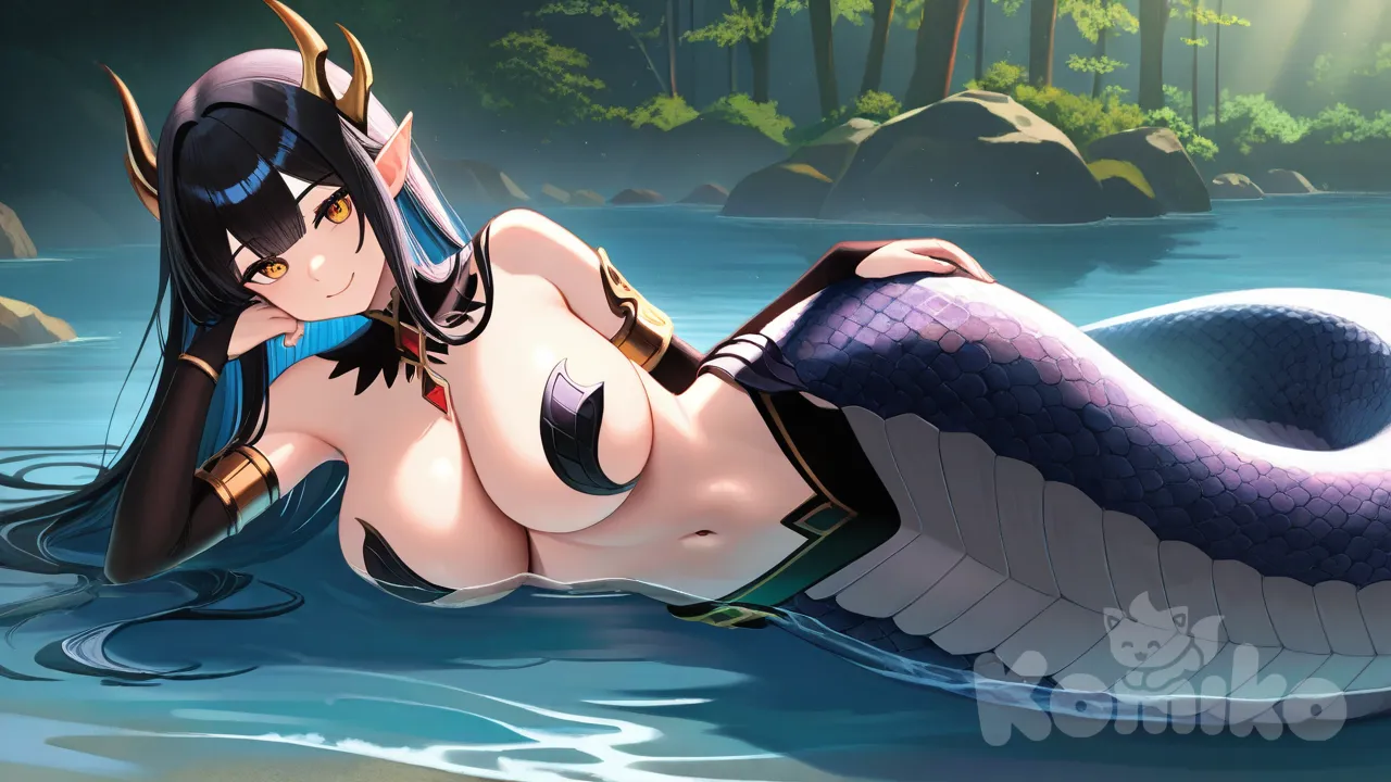 1girl, lamia, one with obsidian & crimson scales and molten gold eyes,5ft 4in tall med size breast