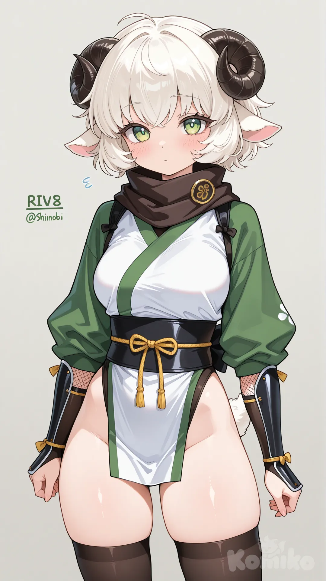 Female Ramais and white just ears and tail,teenager,3ft 6in, in a ninja outfit, green eyes, medium sized breasts