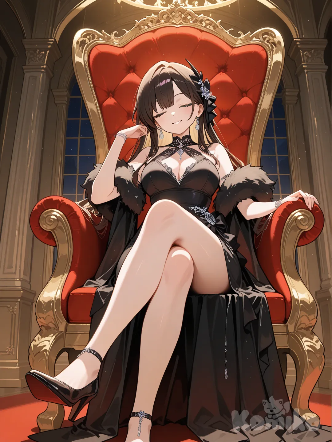 sitting on the throne in the throne room.