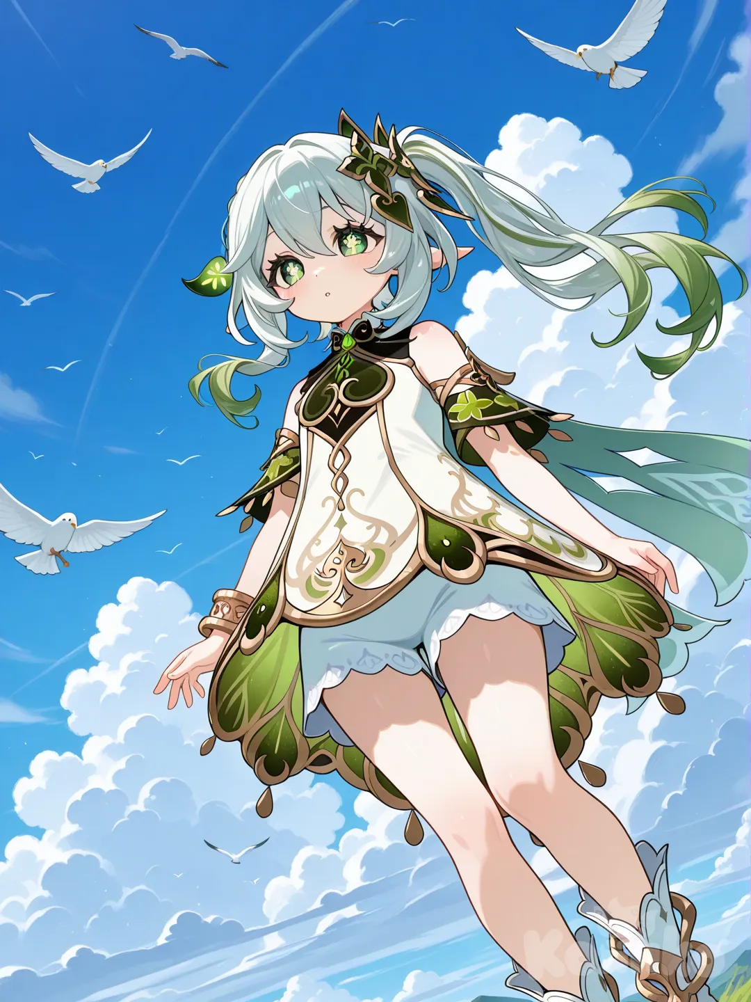 @Nahida_(Genshin_Impact) make nahida image that she was flying above the sky stih some bird