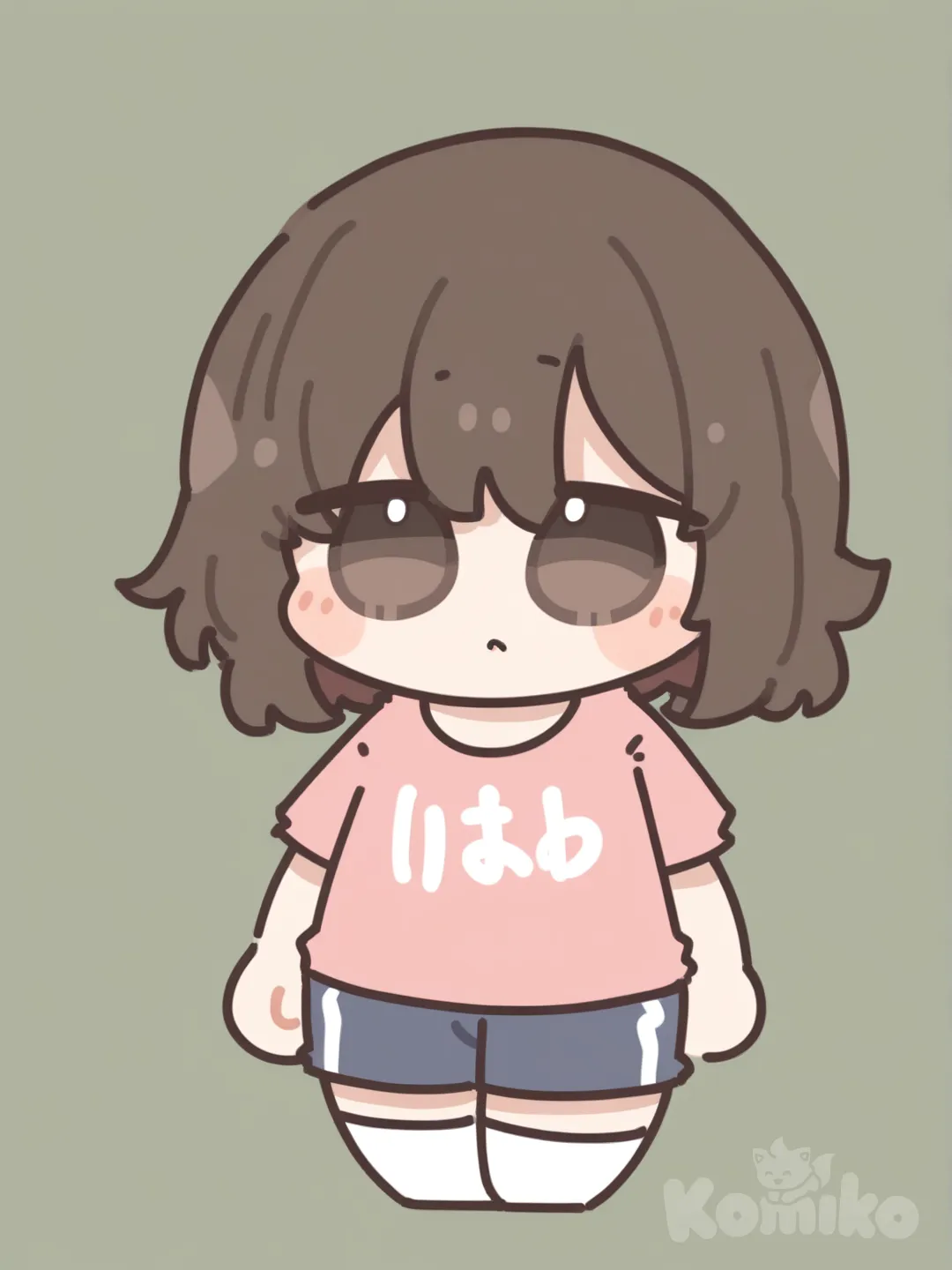 Brown hair, dark brown eyes, 1girl, [soft-chibi-style] pink shirt, dark blue shorts, white socks
Only one girl not 2 no words on the shirt 
I said shirt