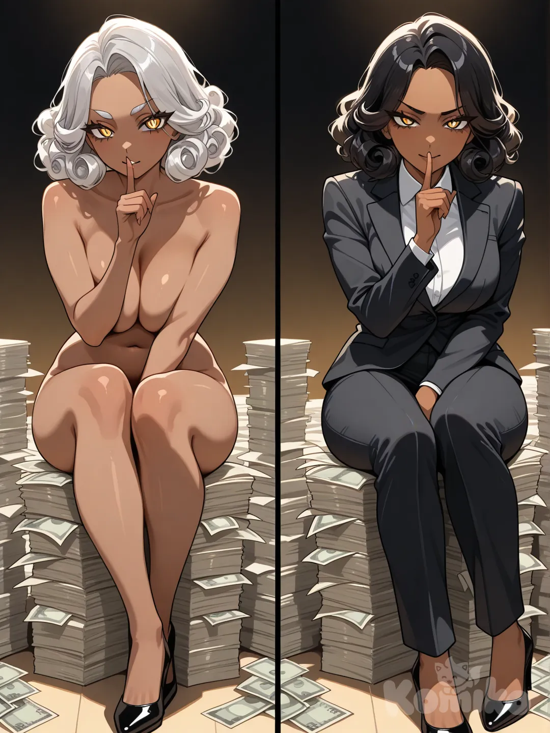 A cinematic diagonal split-screen composition in NegroVerse anime style, dividing the image from top-left to bottom-right.
Top Screen (Upper Diagonal Panel):
A dramatic facial close-up of a mature Black woman (late 40s–50s). She has smooth brown skin, sharp expressive anime eyes, strong brows, and subtle silver streaks in her softly curled black hair. She holds her index finger gently against her lips in a “silence” gesture, signaling control, secrecy, and authority. Her expression is calm, unbothered, and commanding—executive dominance with street wisdom. Lighting is moody and cinematic with soft rim light and warm highlights on her cheekbones. Background fades into dark gradients.
Bottom Screen (Lower Diagonal Panel):
A close-up, power-focused shot of large stacks of cash neatly piled and banded, positioned in the space between her legs as she sits in a grounded, confident stance. No nudity or sexuality—pure symbolism of wealth, leverage, and control. The money is crisp, abundant, and centered as the focal point. Her tailored black business suit frames the scene—clean lines, sharp creases, polished heels planted firmly. Lighting emphasizes texture: paper edges, shadows, and reflections on the floor.
Overall Aesthetic:
Afro-centric anime realism, luxury noir tone, high contrast lighting.
Color palette: black, charcoal, muted gold, deep greens.
Mood: power, silence, money, authority.
Ultra-cinematic composition, high resolution, crisp focus.
NegroVerse energy—feminine dominance without excess.
Negative Prompt:
nudity, sexual acts, explicit poses, fetish imagery, childish anime style, chibi proportions, fantasy armor, exaggerated sexuality, low detail, soft pastel tones