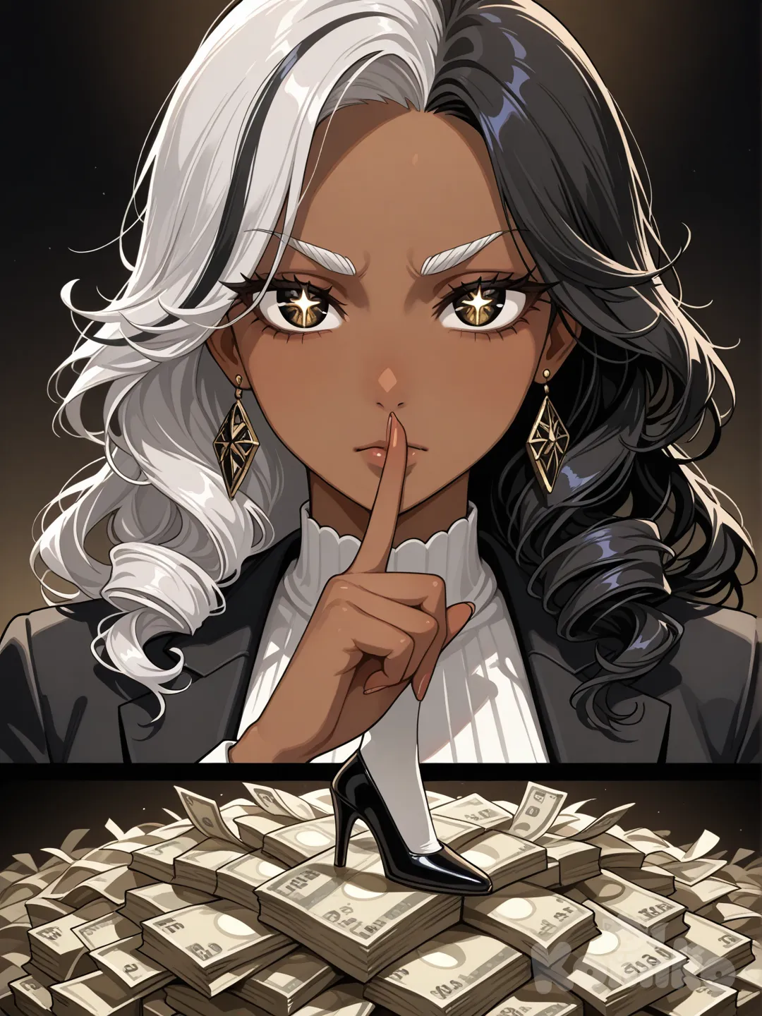 A cinematic diagonal split-screen composition in NegroVerse anime style, dividing the image from top-left to bottom-right.
Top Screen (Upper Diagonal Panel):
A dramatic facial close-up of a mature Black woman (late 40s–50s). She has smooth brown skin, sharp expressive anime eyes, strong brows, and subtle silver streaks in her softly curled black hair. She holds her index finger gently against her lips in a “silence” gesture, signaling control, secrecy, and authority. Her expression is calm, unbothered, and commanding—executive dominance with street wisdom. Lighting is moody and cinematic with soft rim light and warm highlights on her cheekbones. Background fades into dark gradients.
Bottom Screen (Lower Diagonal Panel):
A close-up, power-focused shot of large stacks of cash neatly piled and banded, positioned in the space between her legs as she sits in a grounded, confident stance. No nudity or sexuality—pure symbolism of wealth, leverage, and control. The money is crisp, abundant, and centered as the focal point. Her tailored black business suit frames the scene—clean lines, sharp creases, polished heels planted firmly. Lighting emphasizes texture: paper edges, shadows, and reflections on the floor.
Overall Aesthetic:
Afro-centric anime realism, luxury noir tone, high contrast lighting.
Color palette: black, charcoal, muted gold, deep greens.
Mood: power, silence, money, authority.
Ultra-cinematic composition, high resolution, crisp focus.
NegroVerse energy—feminine dominance without excess.
Negative Prompt:
nudity, sexual acts, explicit poses, fetish imagery, childish anime style, chibi proportions, fantasy armor, exaggerated sexuality, low detail, soft pastel tones