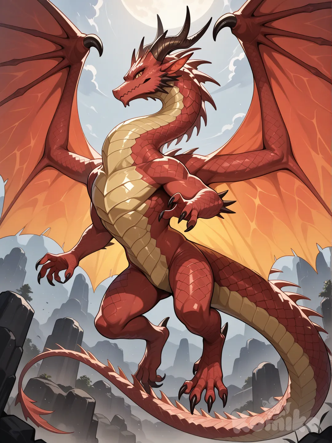 1 dragon rouge et jaune avec des yeux marrons des grandes ailes et une queue