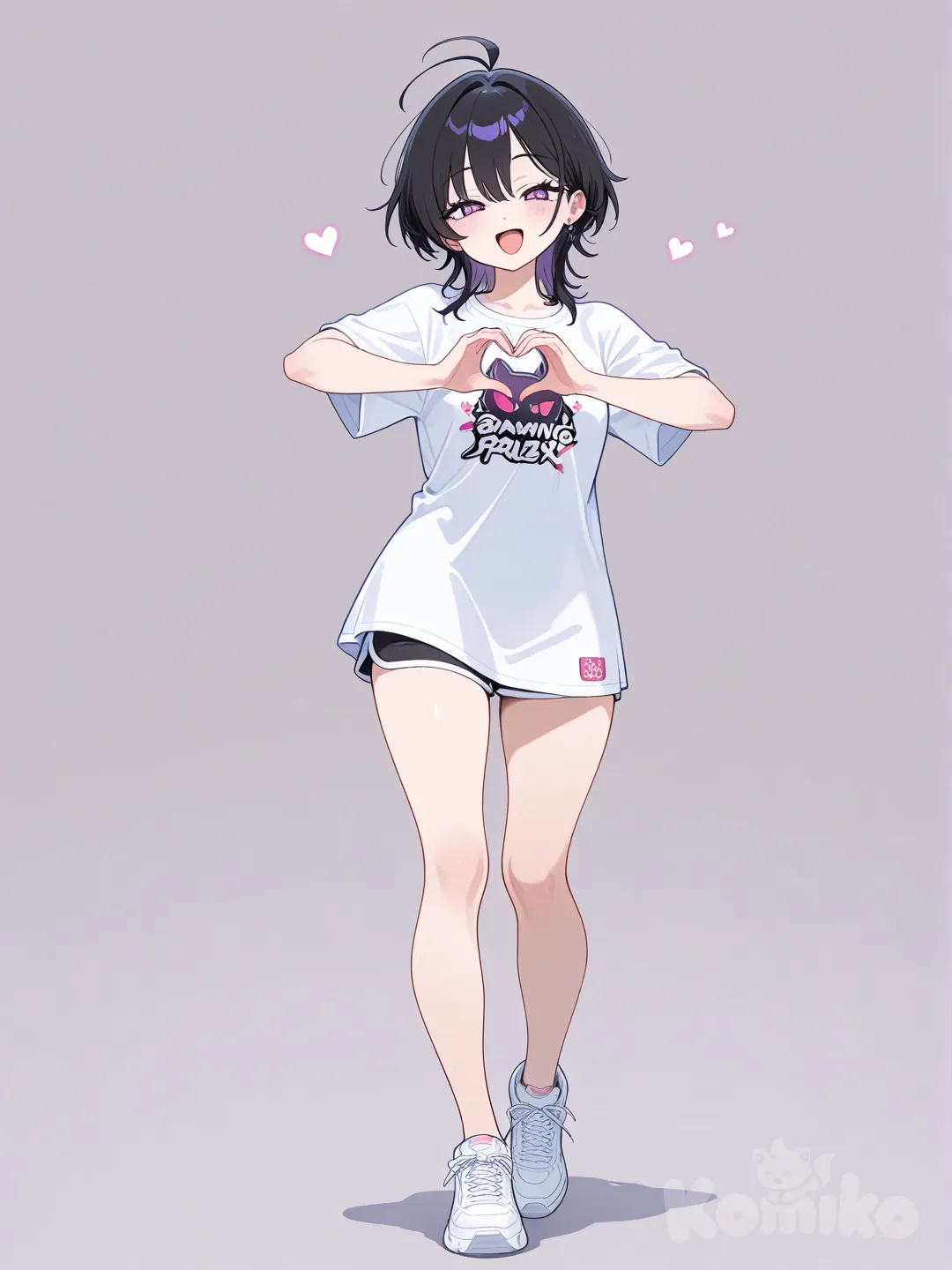 1girl, singing, dancing, heart hands, t-shirt, full body