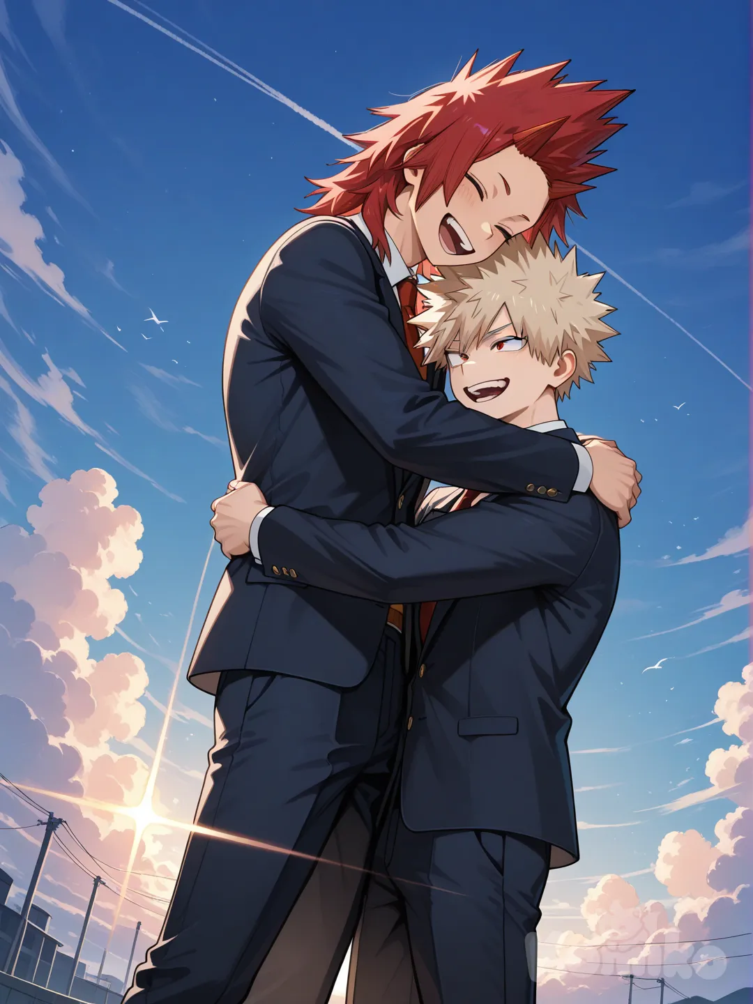 @Bakugou_Katsuki, @Kirishima_Eijirou, hugging, laughing, school vest, suit pants, panoramic lens, cinematic lighting, cloud, blue sky