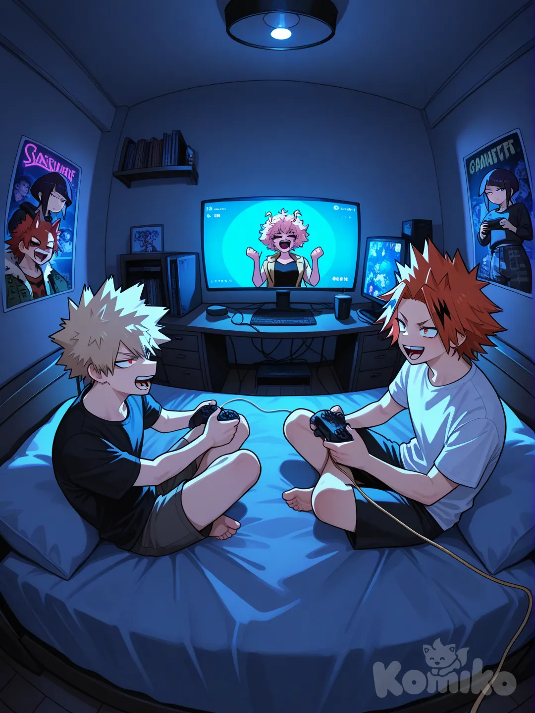 @Kirishima_Eijirou, @Bakugou_Katsuki, @Kaminari_Denki, @Ashido_Mina, @Jirou_Kyouka They play video games in their home clothes. A screenshot from a monitor, fisheye lens effect. the lights are off in the room. dim, cold light from the monitor, evil smile, angry, laughing, open mouth, neon lights. A bed and superhero posters on the wall.