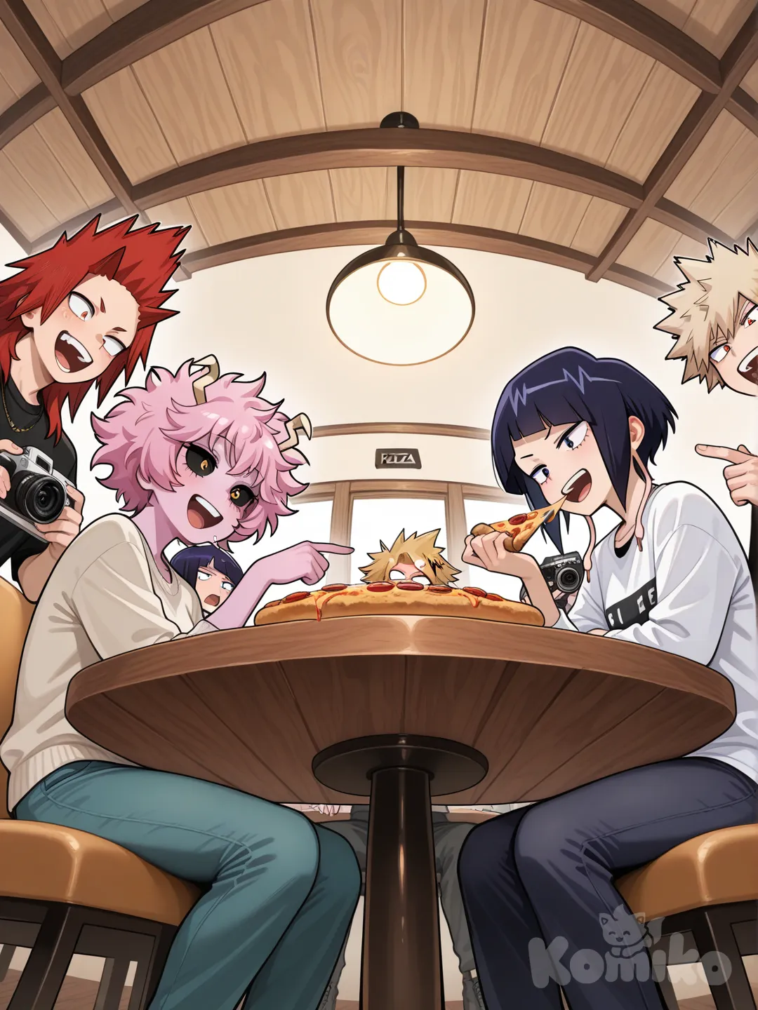 @Ashido_Mina, @Jirou_Kyouka, @Kirishima_Eijirou, @Bakugou_Katsuki, @Kaminari_Denki Everyone is dressed in casual clothes. They are eating pizza at a table and discussing something heatedly. Someone is arguing with each other, someone is laughing. Beige walls, cafe in the background. Shot from below, as if the camera is lying on the table next to the pizza, fisheye lens effect