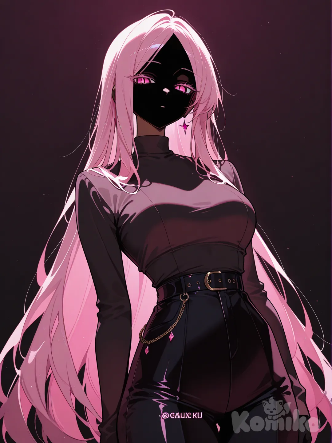 White silhouette of a slender tall girl with long hair. The silhouette is blurred, with pink highlights and a pink and black background.