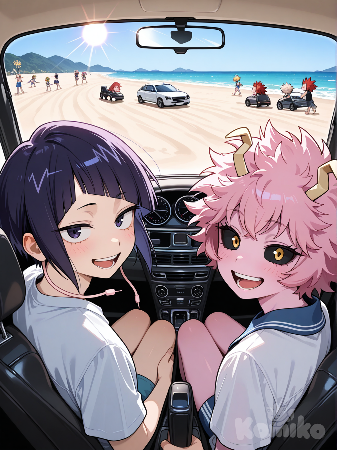 @Bakugou_Katsuki, @Kirishima_Eijirou, @Ashido_Mina, @Kaminari_Denki, @Jirou_Kyouka, smile, open mouth, laughing. In summer clothes, they are driving in a car. Outside the car windows, there is a beach, a cloudless sky, and a bright sun. A shot from inside the car, taken from the car's rear-view mirror.