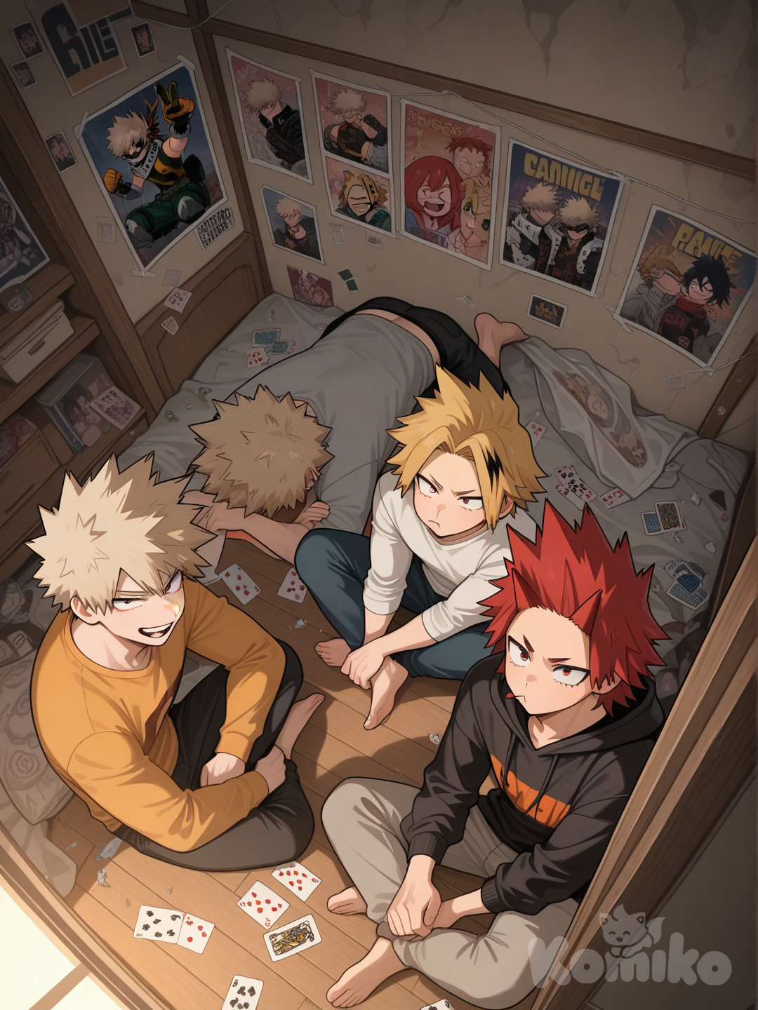 @Kirishima_Eijirou, @Kaminari_Denki Home setting, a teenager's room. Characters sitting on the floor playing cards, one of them upset by the loss, the other one jubilant because of the win, from above, @Bakugou_Katsuki
