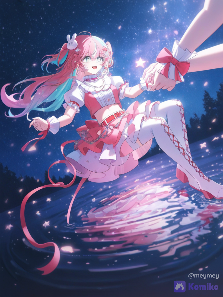 A stunning anime illustration of @aimi-uFya Aimi, the Oshi no Ko style idol girl with long half-pink and half-light-blue hair and sparkling starry pupils.Composition: Medium shot. Aimi is standing at the edge of a perfectly still, crystal-clear mystical pond hidden deep inside a dark night forest. She is gently dipping her fingertips into the water.The Stars: Real miniature stars are floating in the air inside the woods, and their brilliant starlight reflects flawlessly on the water's surface, making it look like she is touching a pool of liquid cosmos. Ethereal glowing particles, soft pastel hues, gorgeous depth of field, quality., [dreamy-haze-style], 1girl