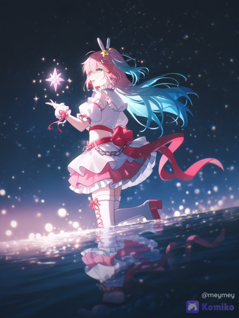A stunning anime illustration of @aimi-uFya Aimi, the Oshi no Ko style idol girl with long half-pink and half-light-blue hair and sparkling starry pupils.Composition: Medium shot. Aimi is standing at the edge of a perfectly still, crystal-clear mystical pond hidden deep inside a dark night forest. She is gently dipping her fingertips into the water.The Stars: Real miniature stars are floating in the air inside the woods, and their brilliant starlight reflects flawlessly on the water's surface, making it look like she is touching a pool of liquid cosmos. Ethereal glowing particles, soft pastel hues, gorgeous depth of field, quality., [dreamy-haze-style], 1girl