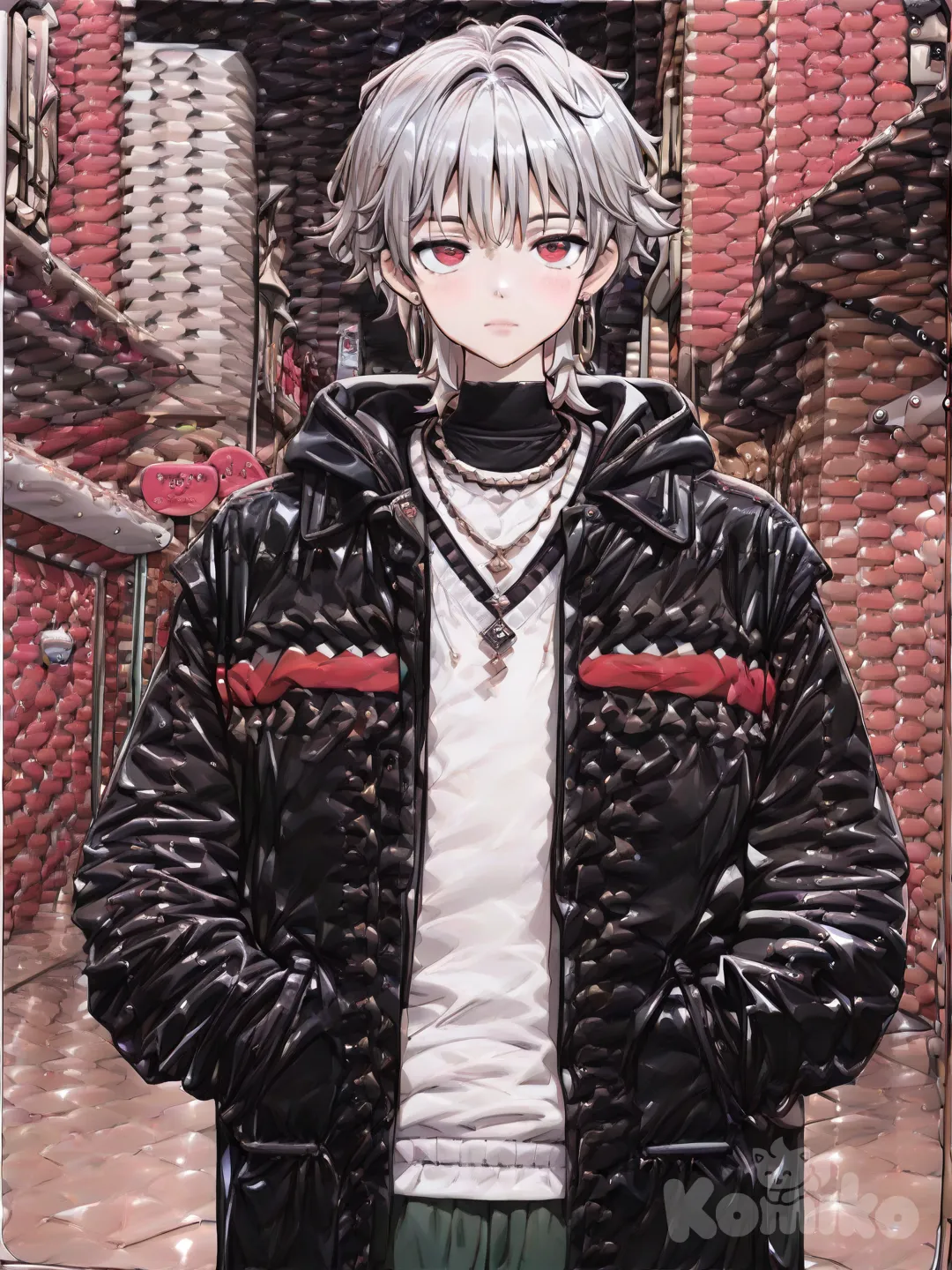 [high-gloss-illustration-style], front profil, rainy, night, front profile photo, 1boy, selfie, expressionless,silver hair, dull red eyes, white skin, Black crew neck sweatshirt under a long black hooded coat, The boy has to be 21 years old, You don't need to wear the hood, mullet, @keizo-mzJp, center parted hairstyle