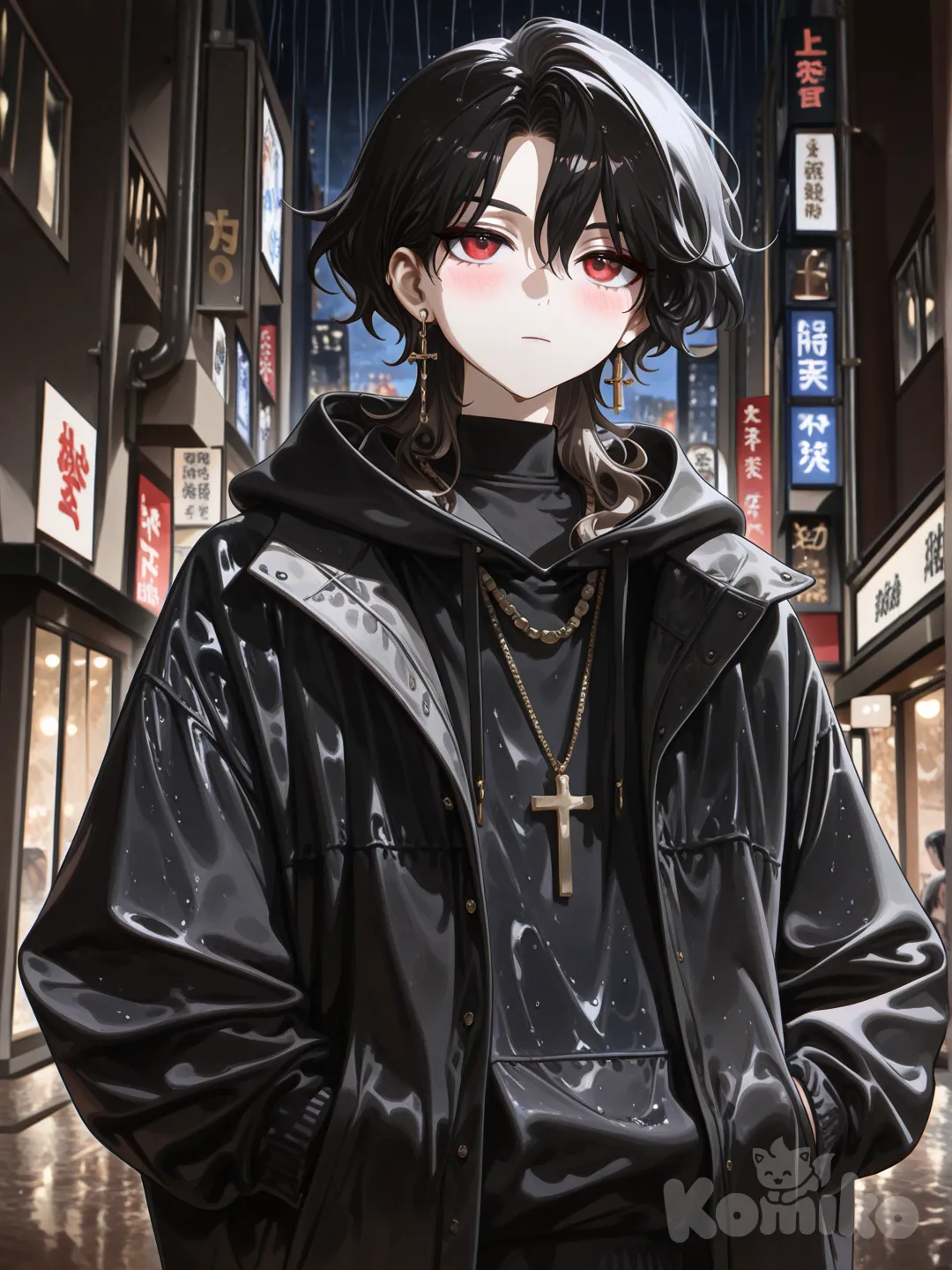 [high-gloss-illustration-style], front profil, rainy, night, front profile photo, 1boy, selfie, expressionless, short black wavy hair, dull red eyes, white skin, Black crew neck sweatshirt under a long black hooded coat, The boy has to be 21 years old, You don't need to wear the hood, Black cross pendant in the left ear, @keizo-mzJp