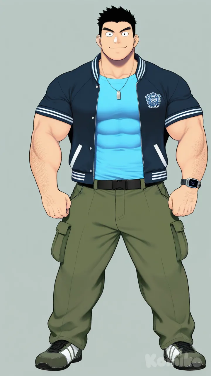 muscular, hairy, hunk, bodybuilder, abs, masculine, bara, bulging muscles, thick thighs, broad shoulders, strong, rugged, body hair, beefy, macho, manly, toned, powerful, well-built, brawny, ripped, shredded, chiseled, defined, athletic, fit, handsome, attractive, black hair, Muscular man, highly defined musculature, ultra-anatomy, vibrant colors, high-resolution, smile, full body, Long sleeves, necklace, digital watch, tsukudani (coke-buta), varsity jacket, t-shirt, cargo pants
