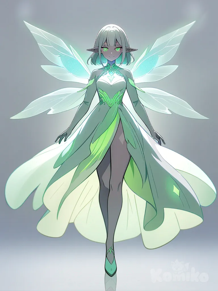 1girl, sleek silver hair, vibrant green eyes, elegant flowing dress, delicate elfin features, graceful swan-like posture, luminescent porcelain skin, intricate celestial jewelry, ethereal gossamer wings, captivating radiant smile, single character, full body, looking at viewer, anime style, simple background, white background