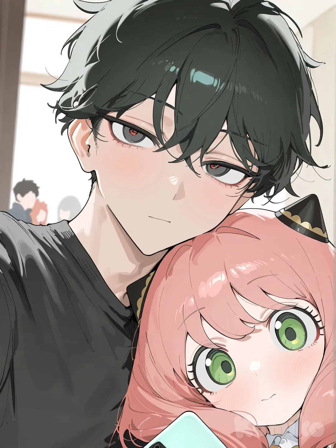Yor Briar, Anya (Spy X Family), ambient light, training, 2people, 1boy, 1girl, 1boy, 1girl, 2people, selfie, [vibrant-anime-style], portrait, looking at viewer, cafe
